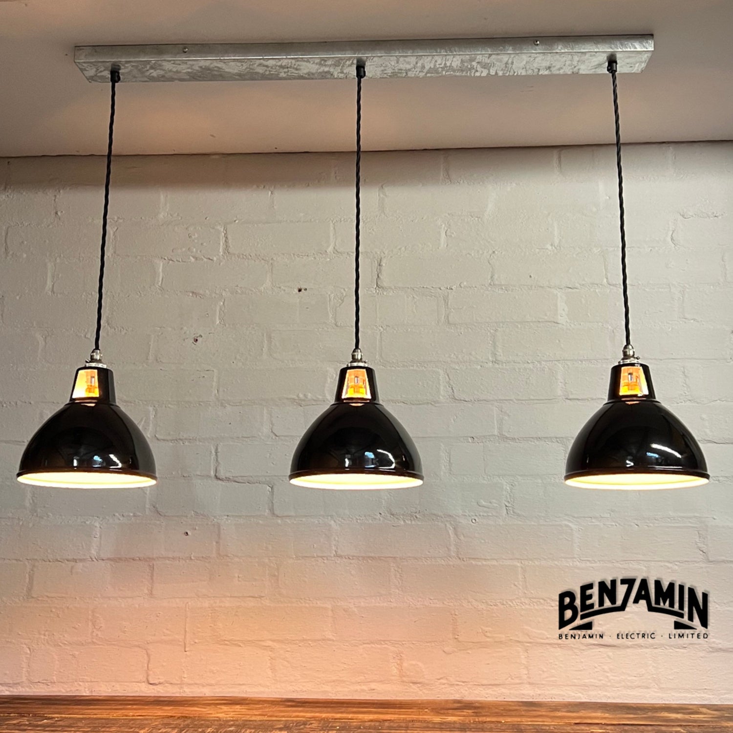 Shropham ~ 3 x Jet Black Shade Design Pendant Wire Set Galvanised Track | 8 Inch Vintage Dome Light | Dining Room | Kitchen Table