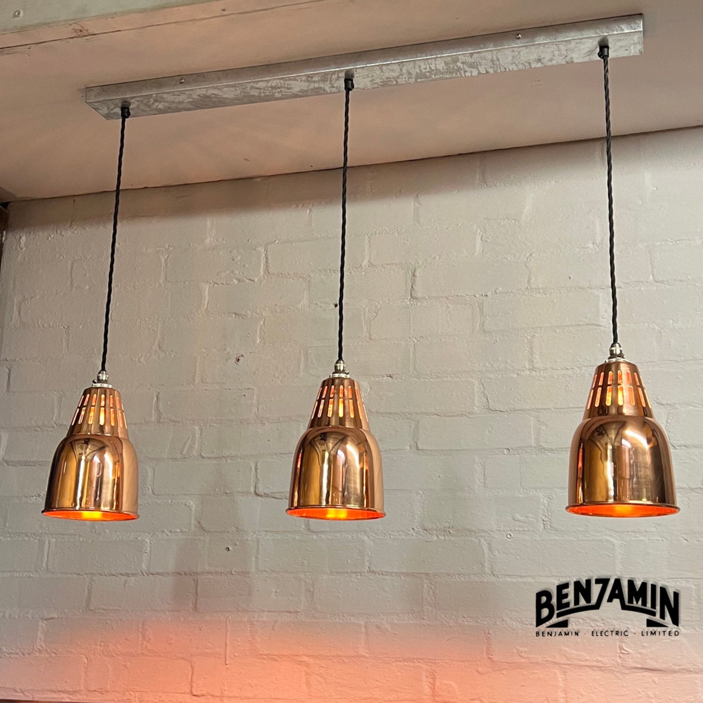 Coltishall ~ 3 x Solid Copper Pendant Set Track Cluster Light | Dining Room | Kitchen Table | Vintage