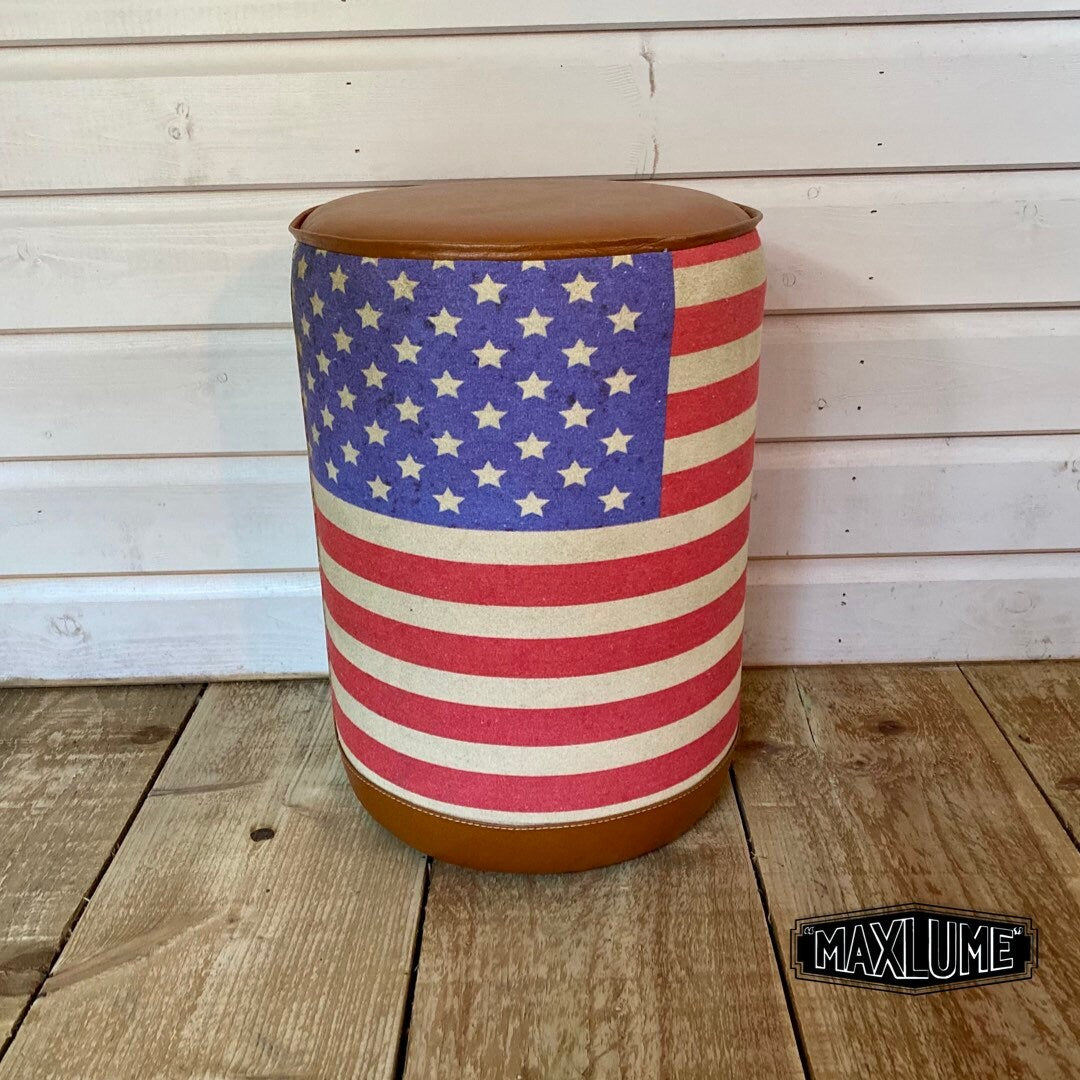 Maxlume ~ ‘Stars & Stripes’ Flag Of The United States USA Pouf Solid Base Genuine Leather | Vintage Style | Floor Standing | Man Cave Stool