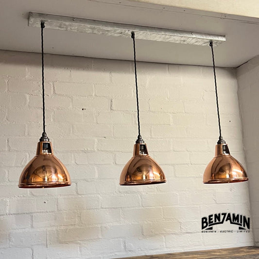 Shropham ~ 3 x Solid Copper Shade Pendant Wire Set Galvanised Track | 8 Inch Dome Light | Dining Room | Kitchen Table | Vintage