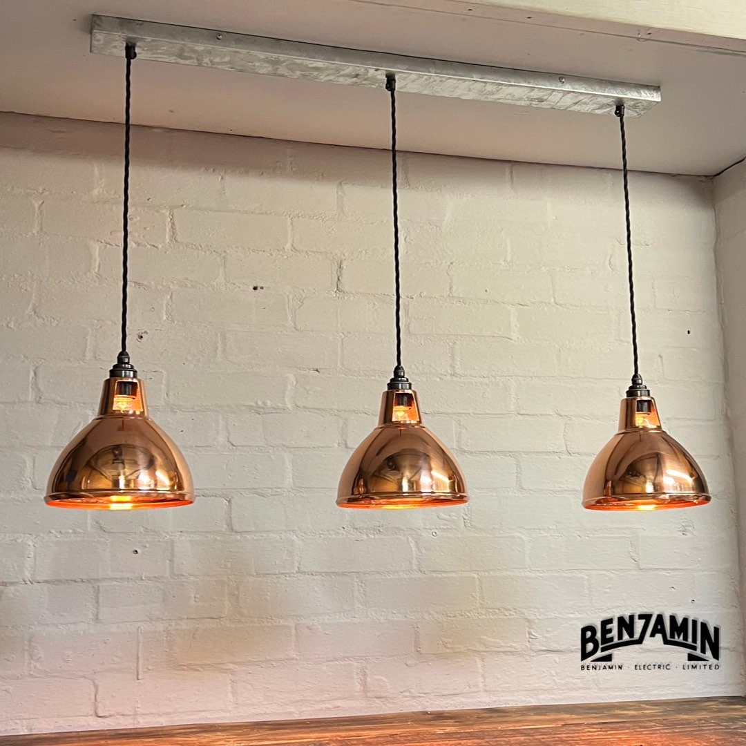 Shropham ~ 3 x Solid Copper Shade Pendant Wire Set Galvanised Track | 8 Inch Dome Light | Dining Room | Kitchen Table | Vintage