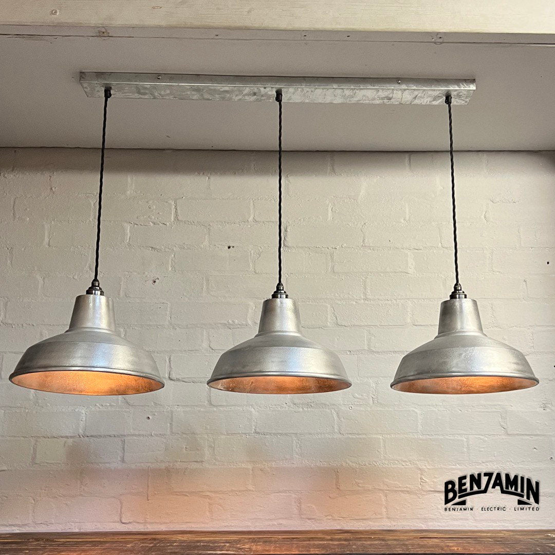 Filby ~ 3 x Solid Cast Shade RLM 1921 Design Pendant Set Galvanised Track Light | Dining Room | Kitchen Table | Vintage