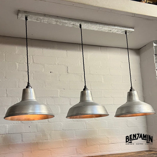 Filby ~ 3 x Solid Cast Shade RLM 1921 Design Pendant Set Galvanised Track Light | Dining Room | Kitchen Table | Vintage