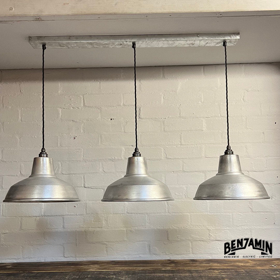 Filby ~ 3 x Solid Cast Shade RLM 1921 Design Pendant Set Galvanised Track Light | Dining Room | Kitchen Table | Vintage