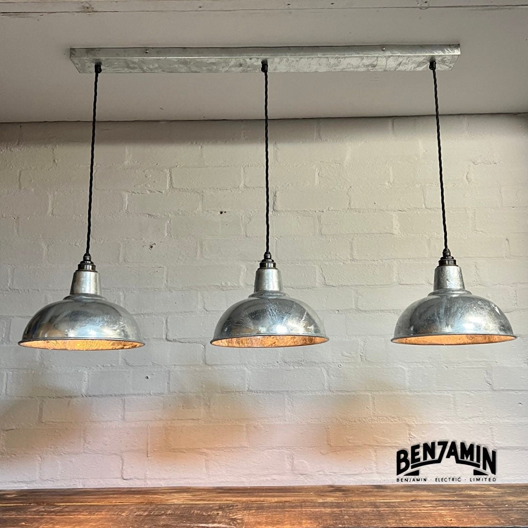 Salthouse ~ 3 x Galvanised Shade Design Pendant Set Track Light | Dining Room | Kitchen Table | Vintage