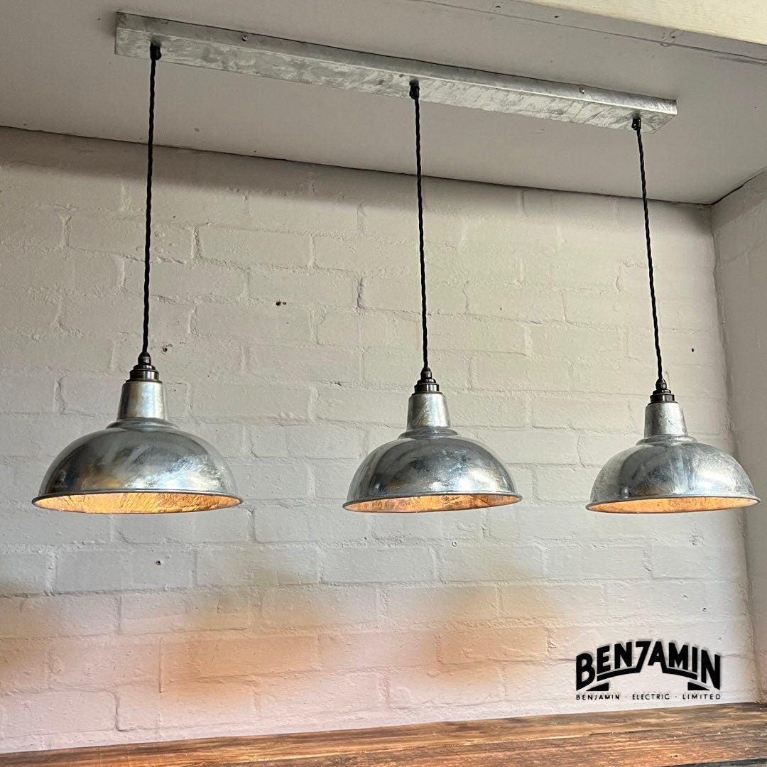 Salthouse ~ 3 x Galvanised Shade Design Pendant Set Track Light | Dining Room | Kitchen Table | Vintage