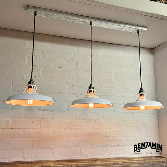 Bramerton ~ 3 x Original White Shade Benflux 1926 Design Pendant Set Galvanised Cluster Track Light | Dining Room | Kitchen Table | Vintage