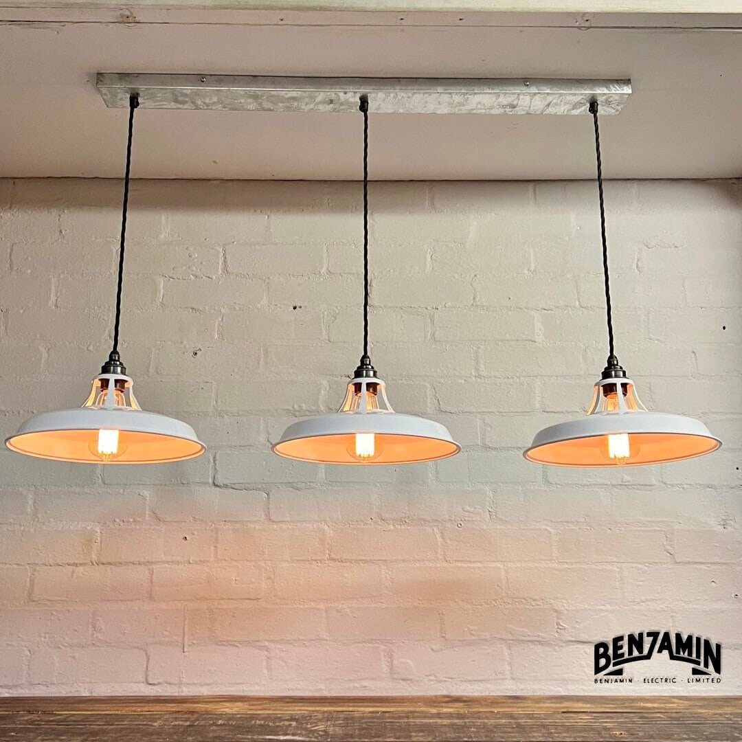 Bramerton ~ 3 x Original White Shade Benflux 1926 Design Pendant Set Galvanised Cluster Track Light | Dining Room | Kitchen Table | Vintage