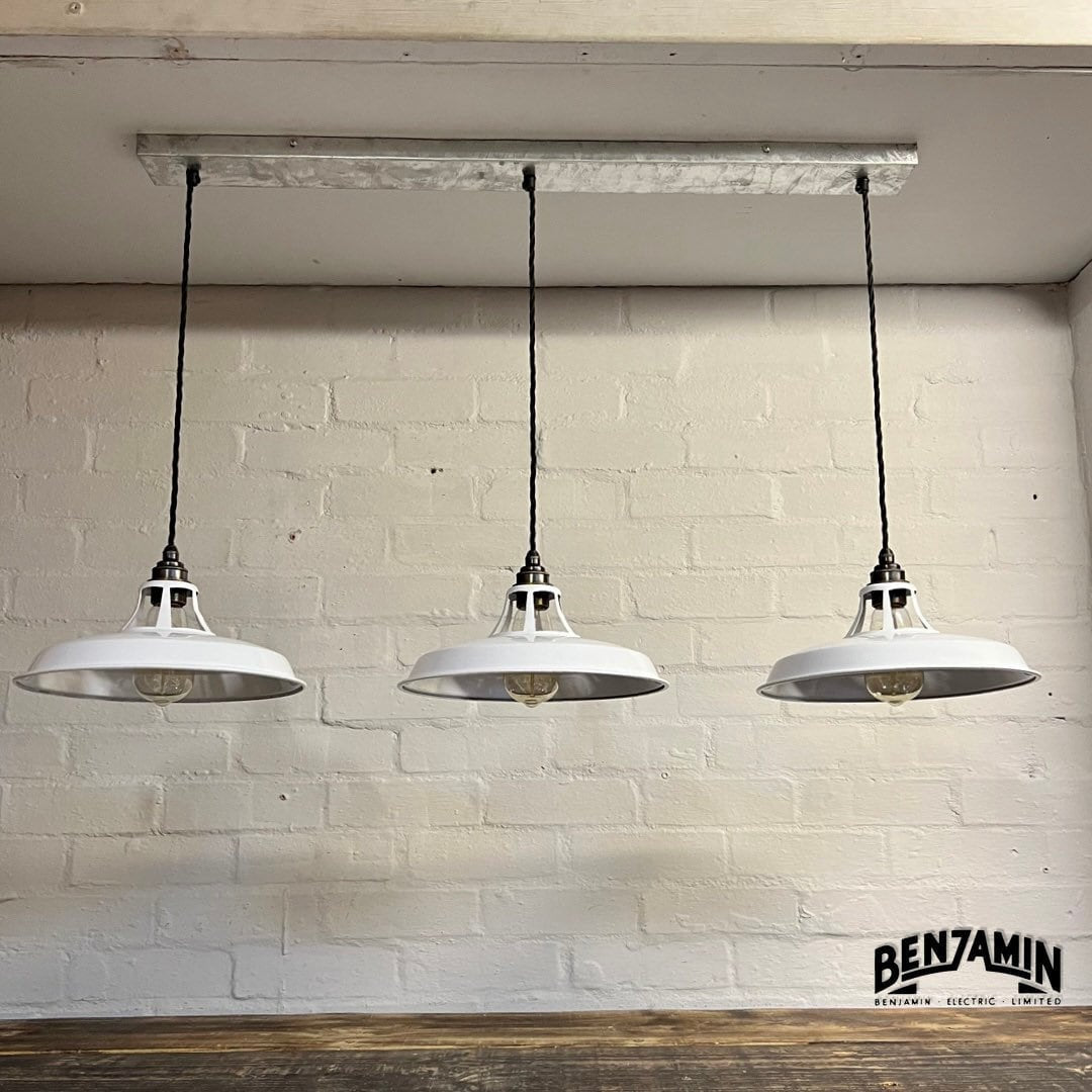 Bramerton ~ 3 x Original White Shade Benflux 1926 Design Pendant Set Galvanised Cluster Track Light | Dining Room | Kitchen Table | Vintage