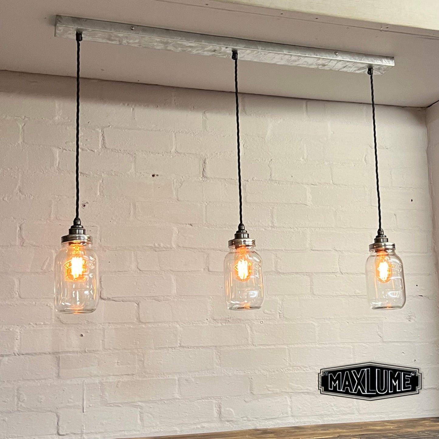 Kenninghall ~ 3 x Kilner Jar Pendant Wire Set Track Light | Dining Room | Kitchen Table | Hanging Vintage Mason | Retro