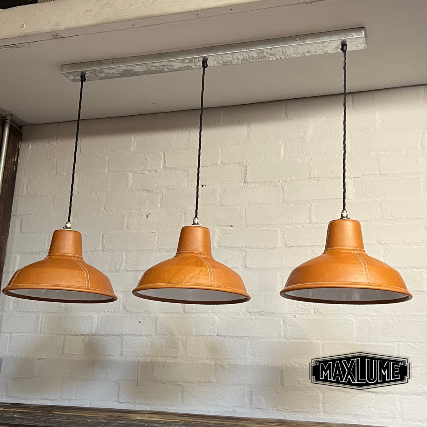 Filby ~ 3 x Tan Leather Shade RLM 1921 Design Pendant Set Galvanised Track Light | Dining Room | Kitchen Table | Vintage