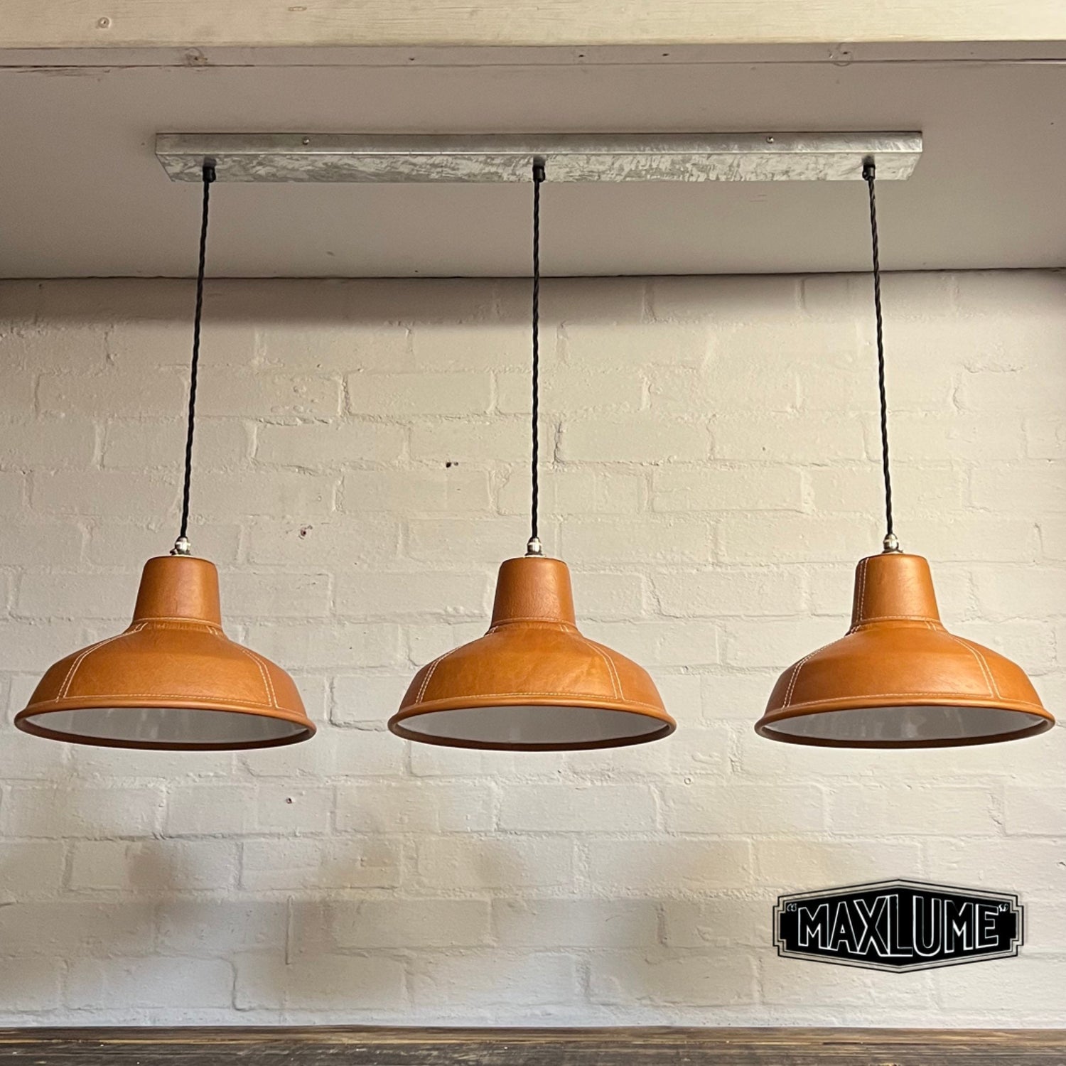 Filby ~ 3 x Tan Leather Shade RLM 1921 Design Pendant Set Galvanised Track Light | Dining Room | Kitchen Table | Vintage