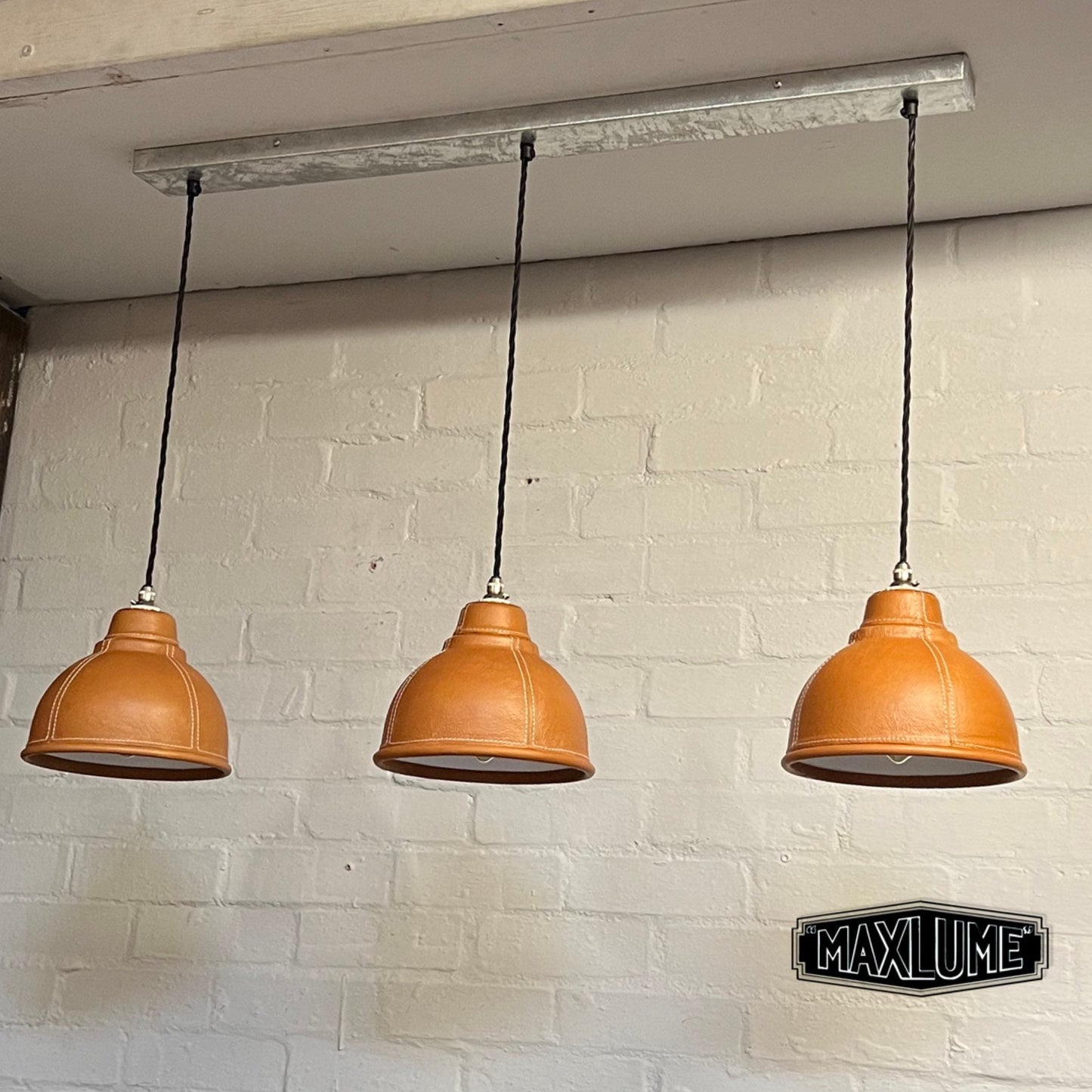 Trimingham ~ 3 x Small Genuine Leather Steel Shade Design Pendant Set Triple Cluster Track Light | Dining Room | Kitchen Table | Vintage