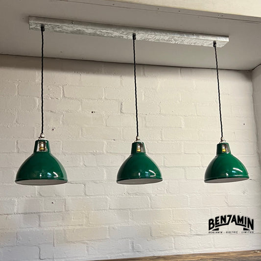 Shropham ~ 3 x Original Green Shade Design Pendant Wire Set Galvanised Track | 8 Inch Vintage Dome Light | Dining Room | Kitchen Table