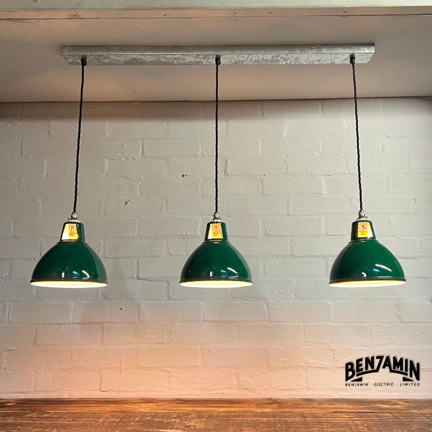 Shropham ~ 3 x Original Green Shade Design Pendant Wire Set Galvanised Track | 8 Inch Vintage Dome Light | Dining Room | Kitchen Table