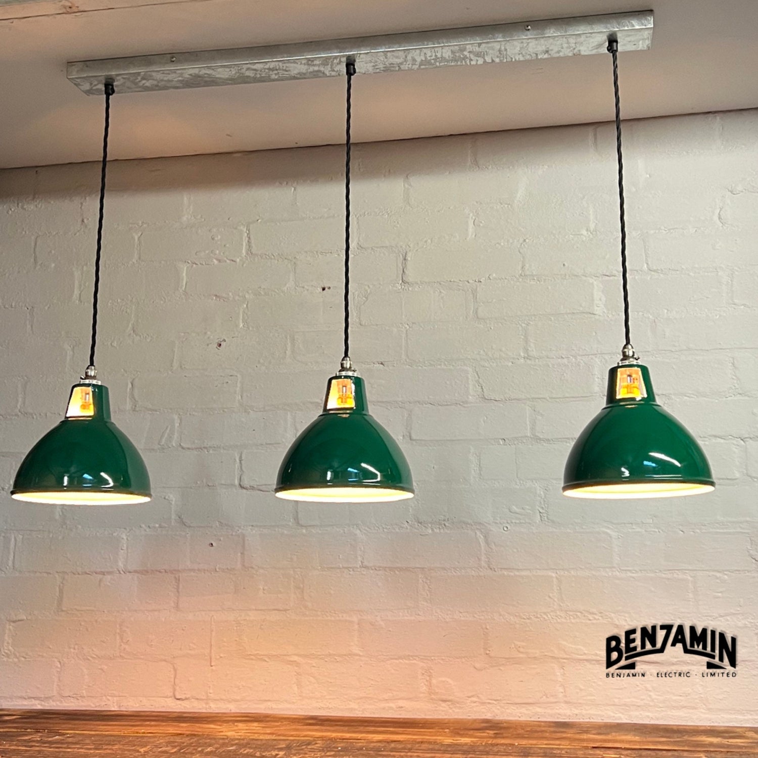 Shropham ~ 3 x Original Green Shade Design Pendant Wire Set Galvanised Track | 8 Inch Vintage Dome Light | Dining Room | Kitchen Table