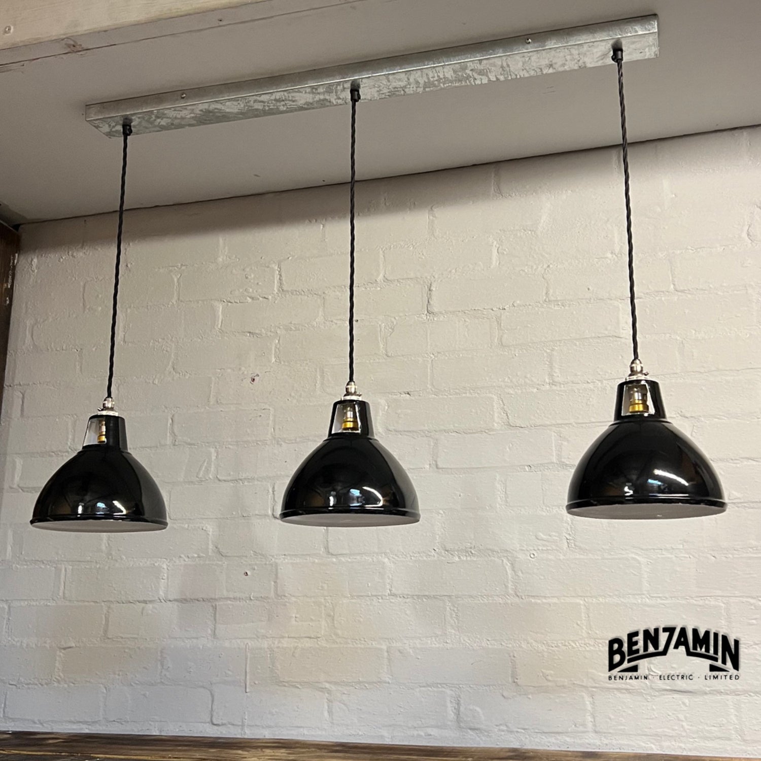 Shropham ~ 3 x Jet Black Shade Design Pendant Wire Set Galvanised Track | 8 Inch Vintage Dome Light | Dining Room | Kitchen Table