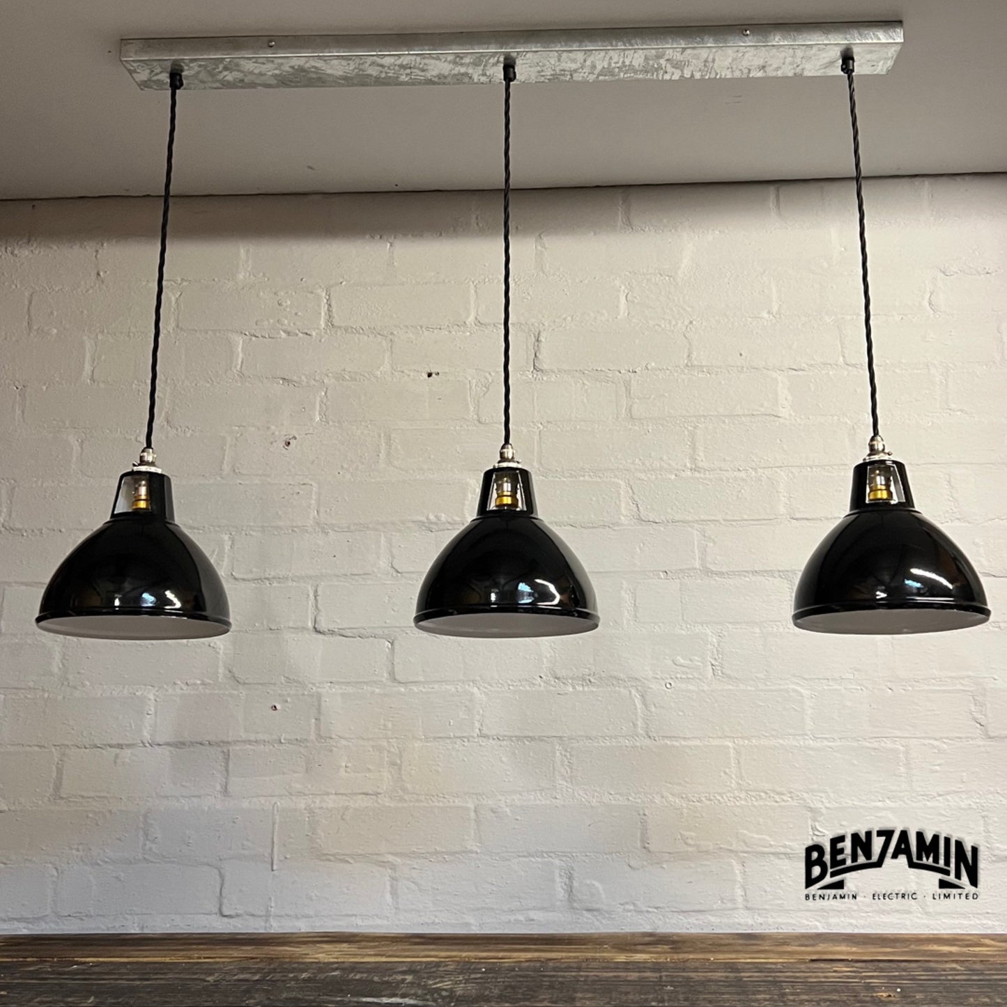 Shropham ~ 3 x Jet Black Shade Design Pendant Wire Set Galvanised Track | 8 Inch Vintage Dome Light | Dining Room | Kitchen Table