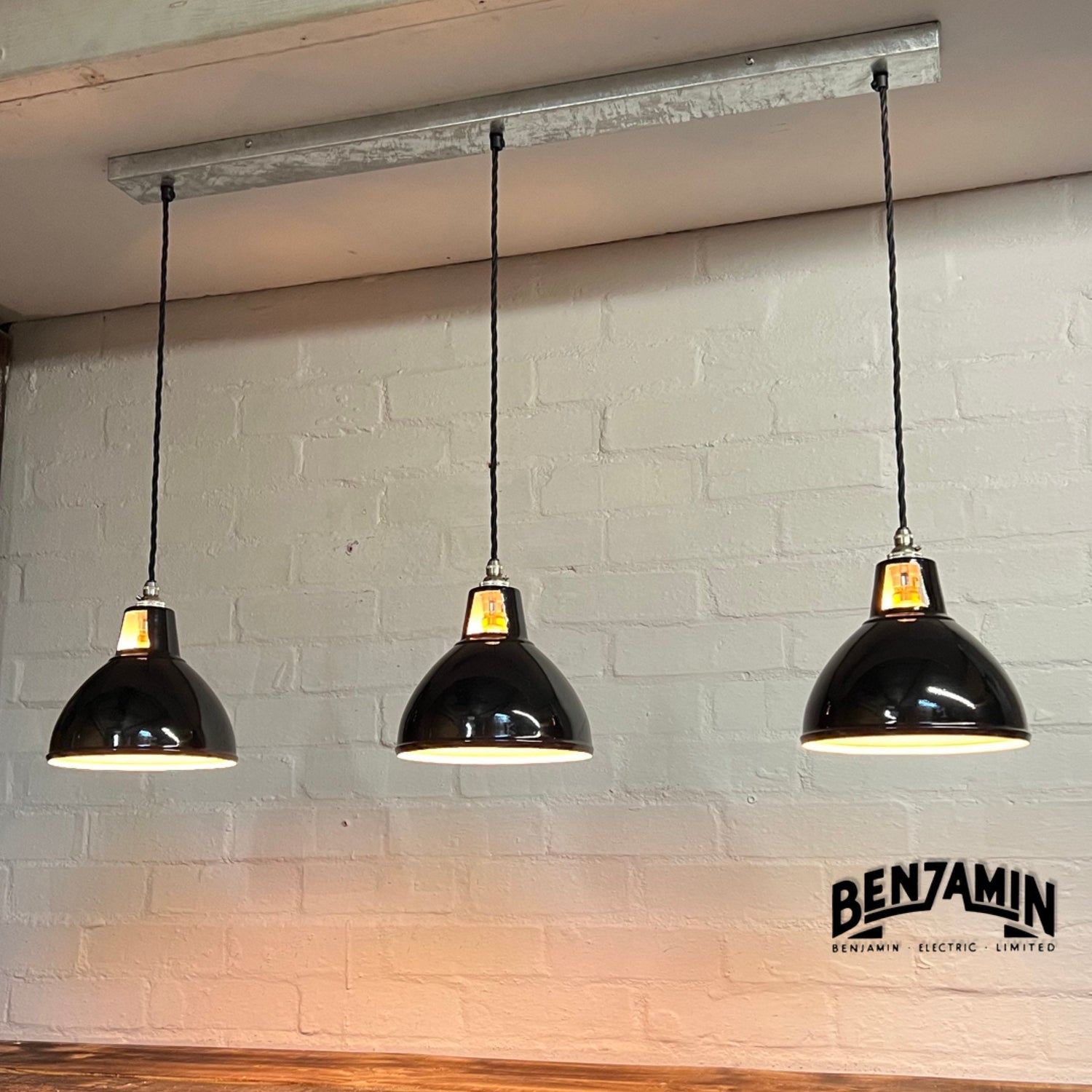 Shropham ~ 3 x Jet Black Shade Design Pendant Wire Set Galvanised Track | 8 Inch Vintage Dome Light | Dining Room | Kitchen Table