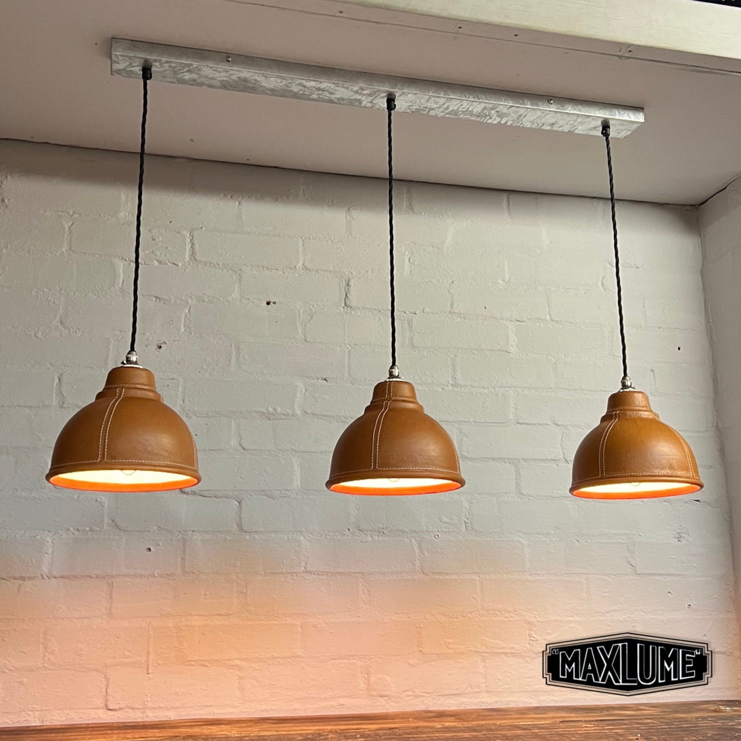 Trimingham ~ 3 x Small Genuine Leather Steel Shade Design Pendant Set Triple Cluster Track Light | Dining Room | Kitchen Table | Vintage