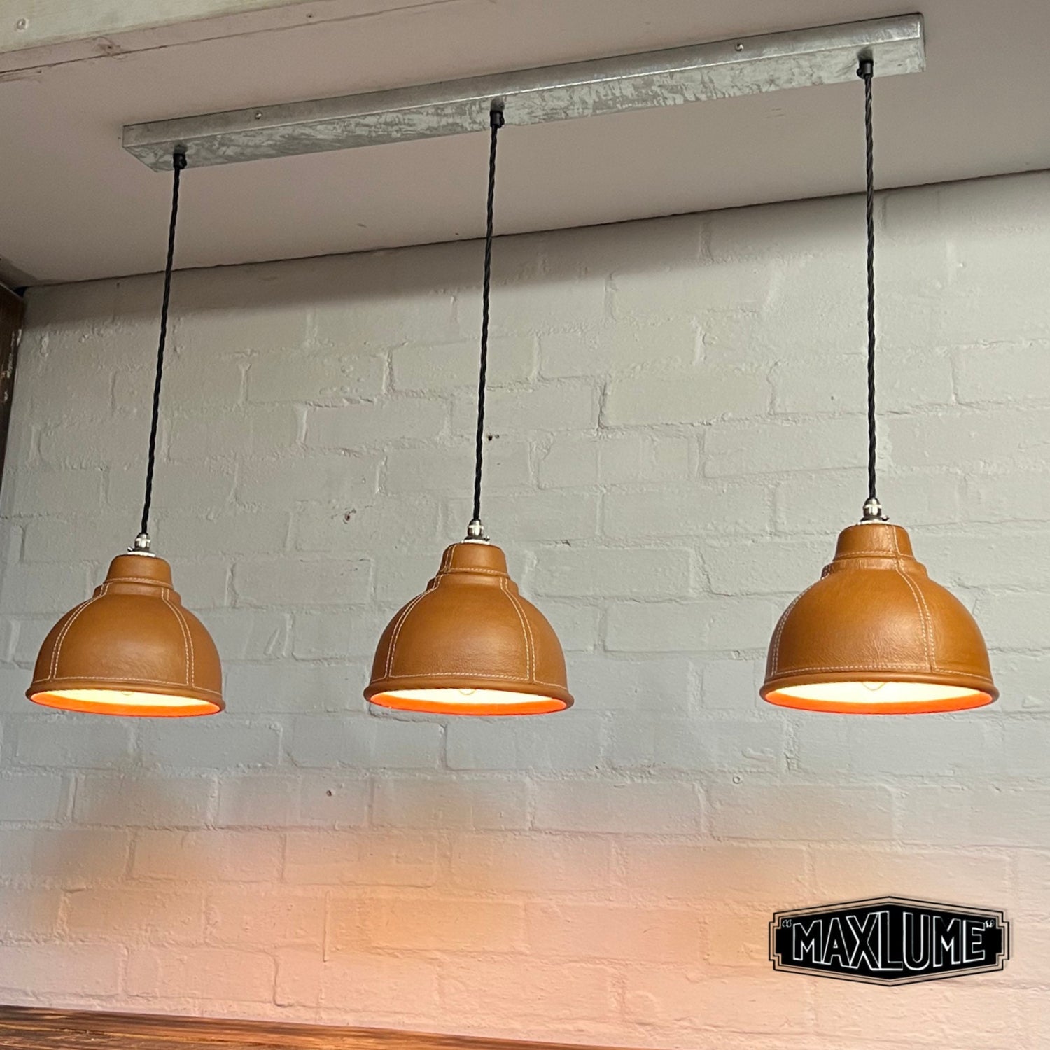 Trimingham ~ 3 x Small Genuine Leather Steel Shade Design Pendant Set Triple Cluster Track Light | Dining Room | Kitchen Table | Vintage