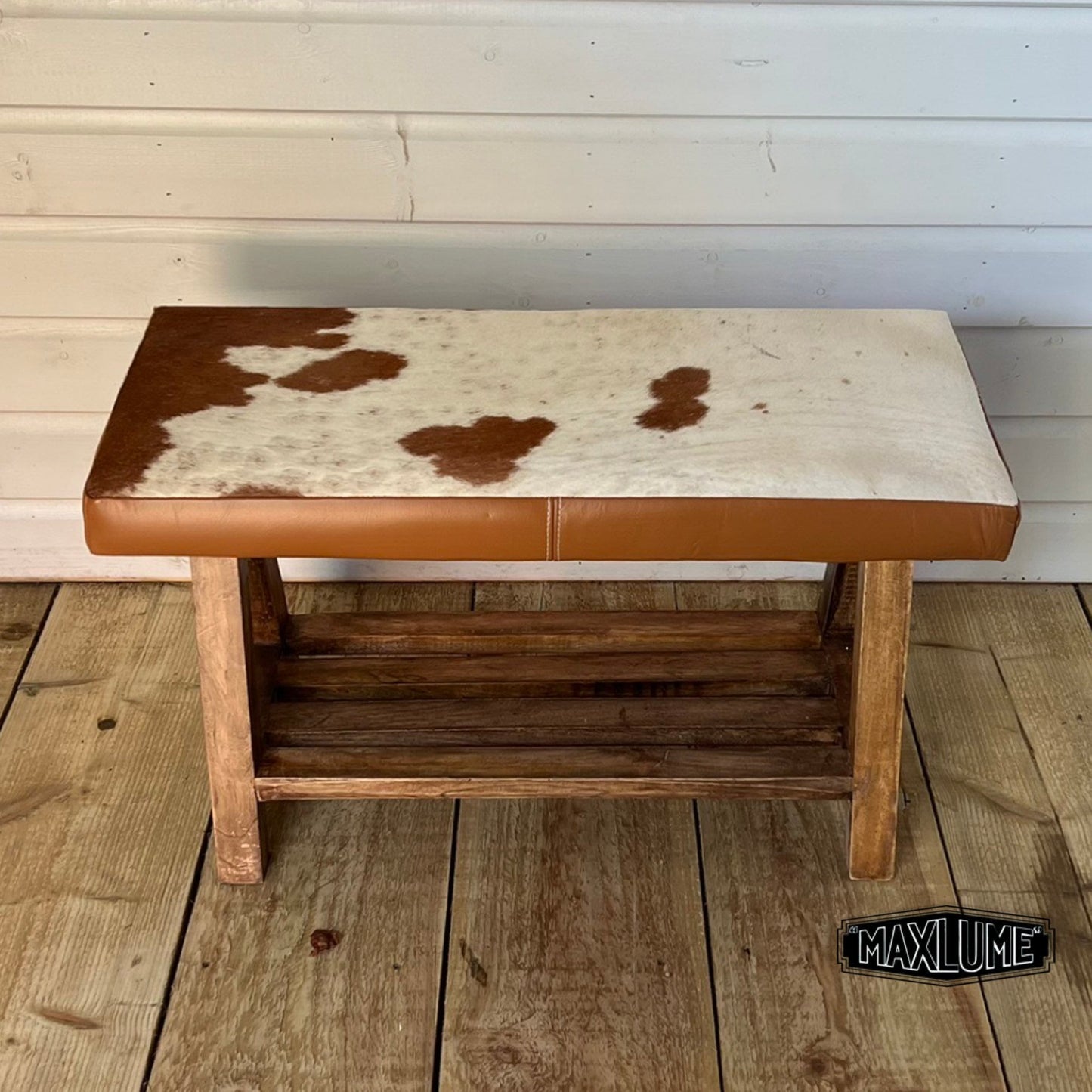 Cow Hide Leather Bench Brown & White | Foot Stool | Solid Base | Vintage Style | Floor Standing | Man Cave Stool by Maxlume