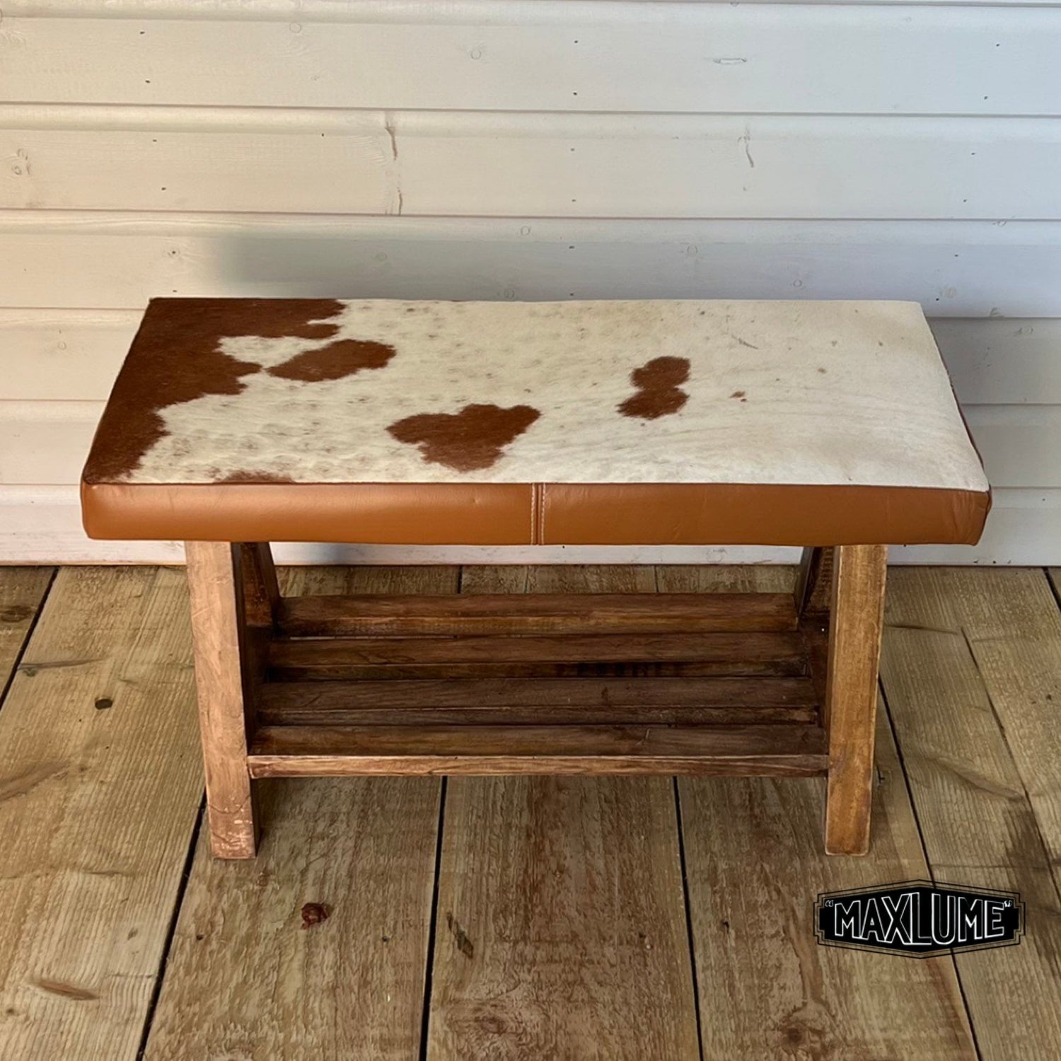 Cow Hide Leather Bench Brown & White | Foot Stool | Solid Base | Vintage Style | Floor Standing | Man Cave Stool by Maxlume