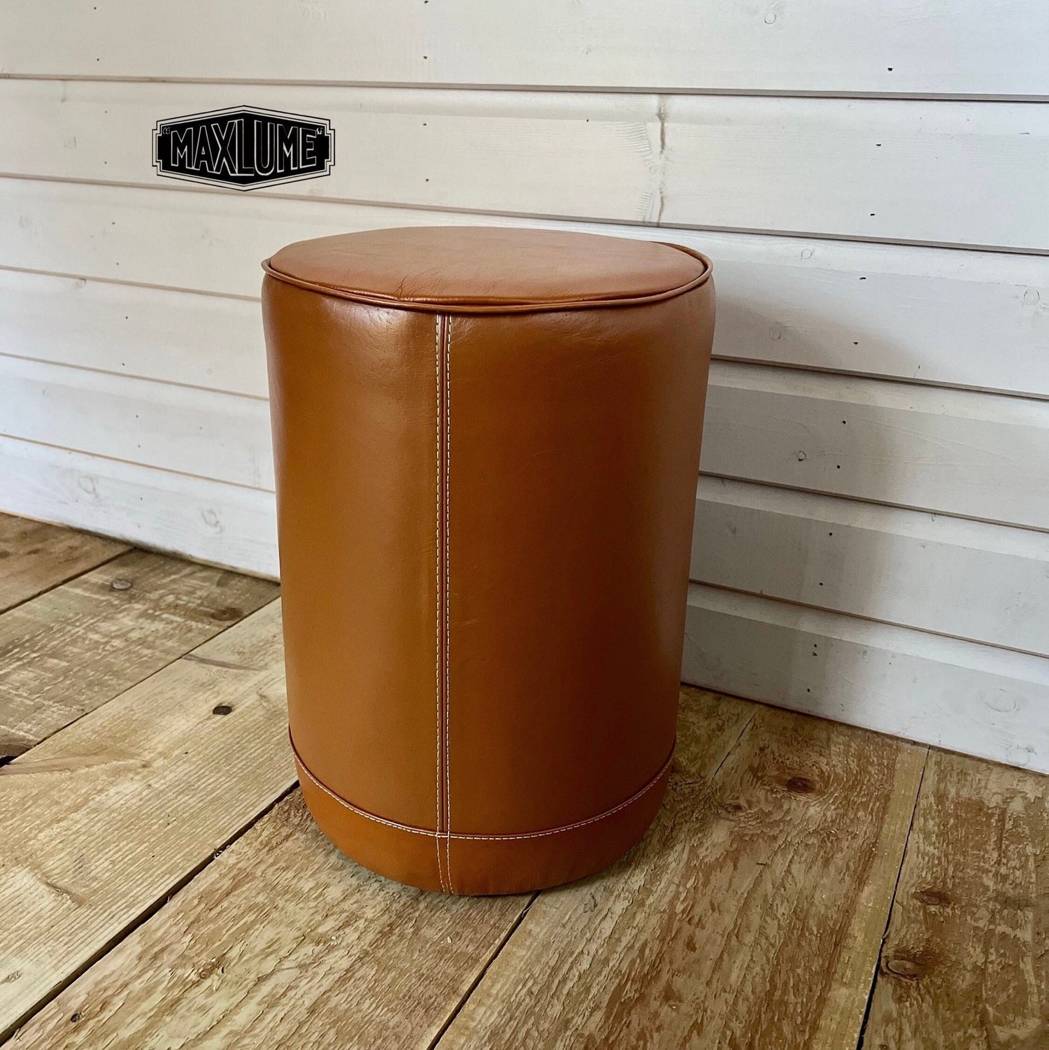 Maxlume ~ Leather Pouf | Solid Base Genuine Leather | Vintage Style | Floor Standing | Man Cave Stool