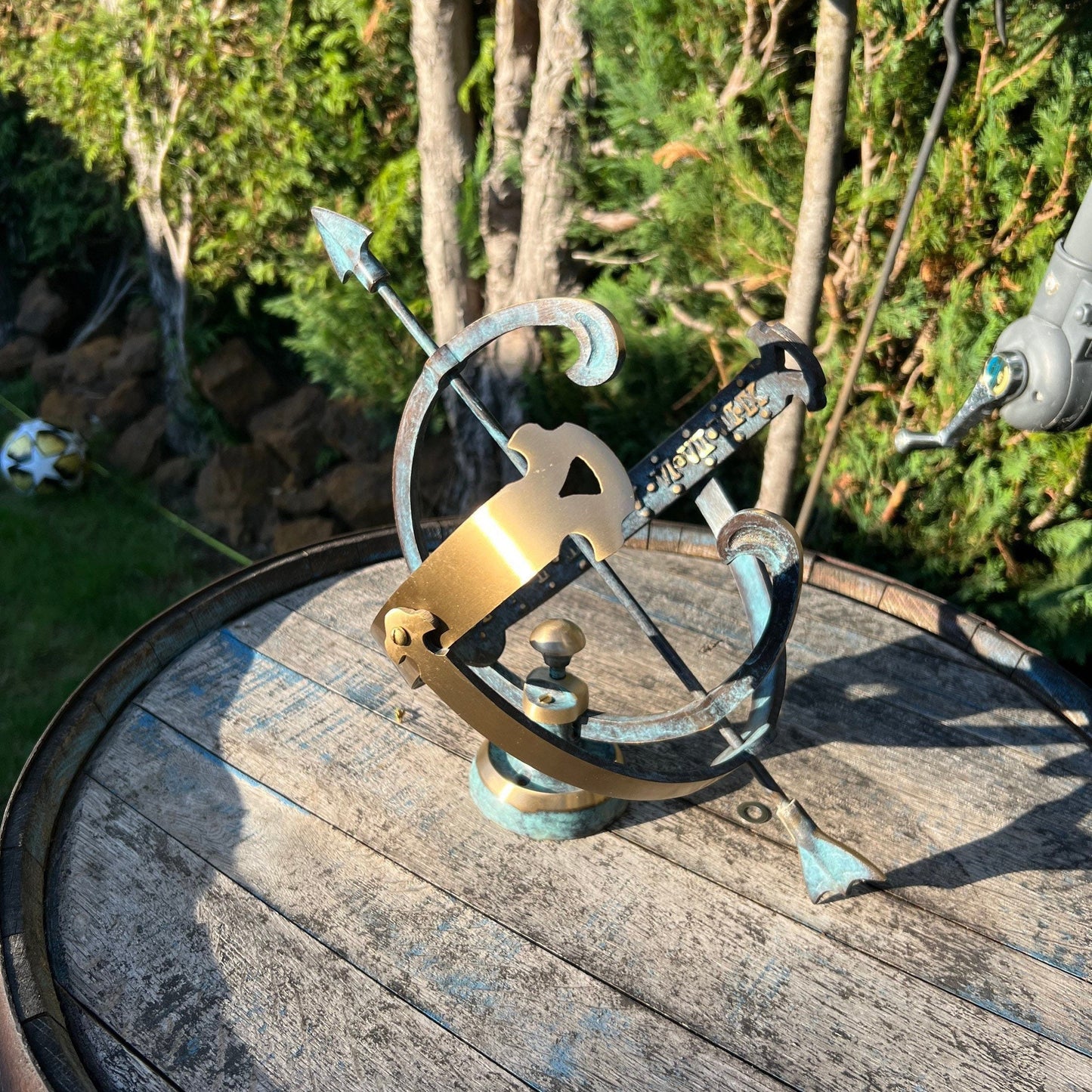 Armillary Medium Sphere Sundial Solid Brass and Verdigris Patina Bronze Sculpture