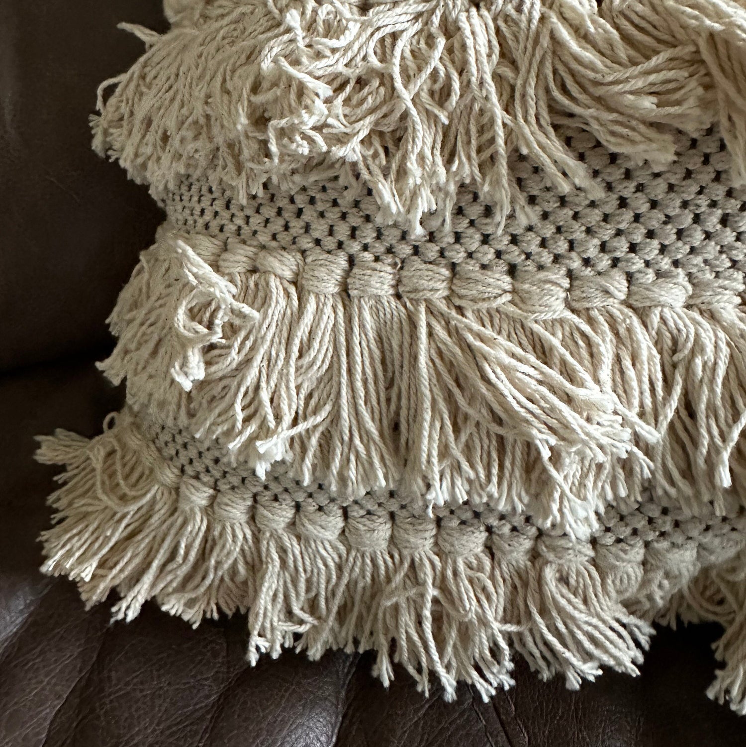 Maxlume ~ 16x16 Beige Boho Cushion, Woven Wool Cover, Plait Detail, Braided Pillow, Comes Filled