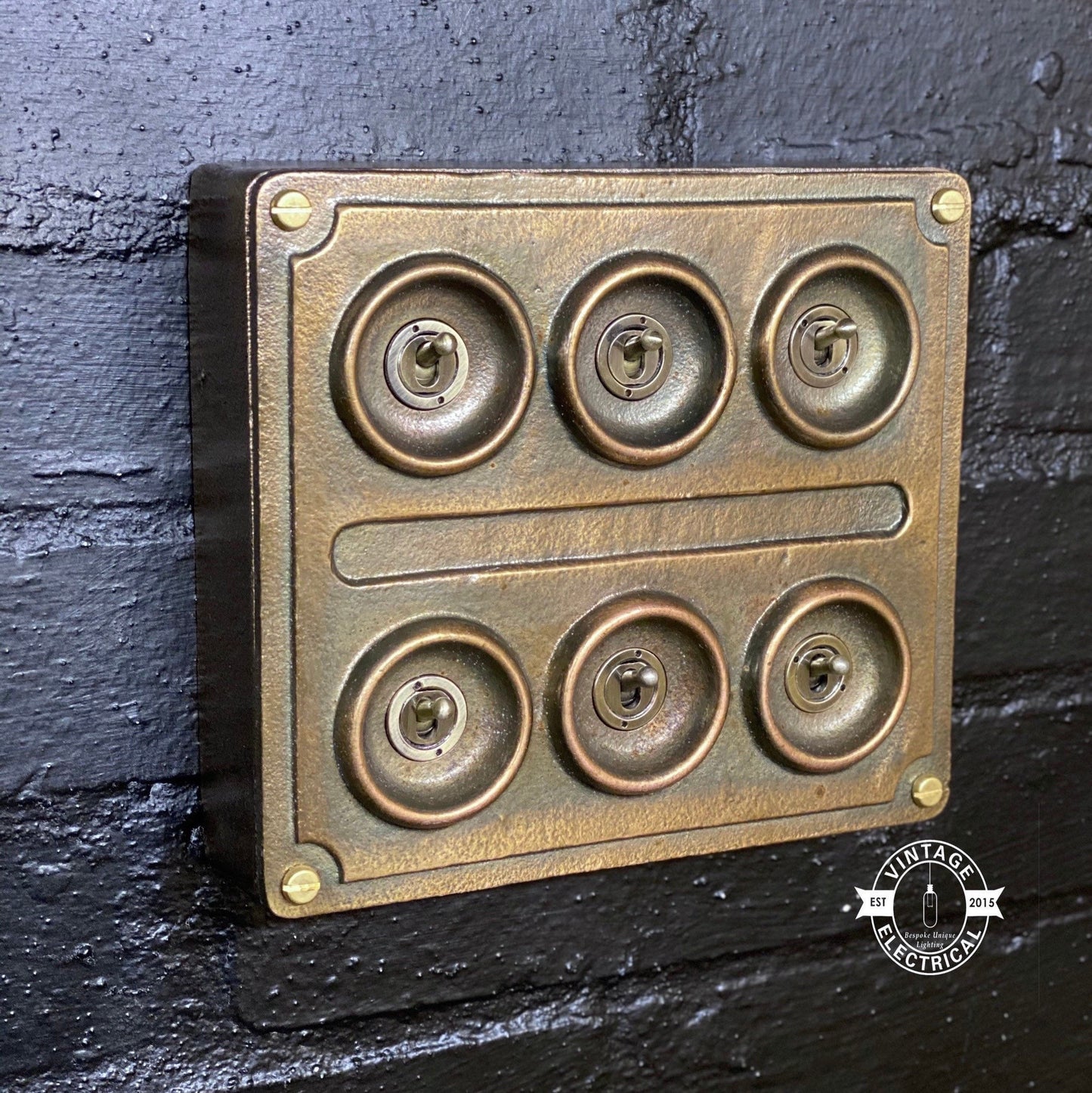 6 Gang 2 Way Bronze Solid Cast Metal Conduit Light Switch Industrial - BS EN Vintage Crabtree 1950’s Style