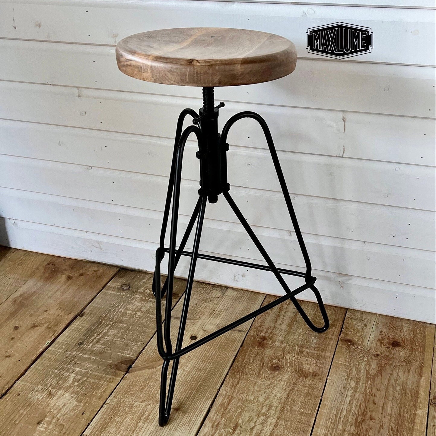 Maxlume ~ Industrial Solid Bar Stool Wood Base | Vintage Style | Solid Steel Metal | Floor Standing