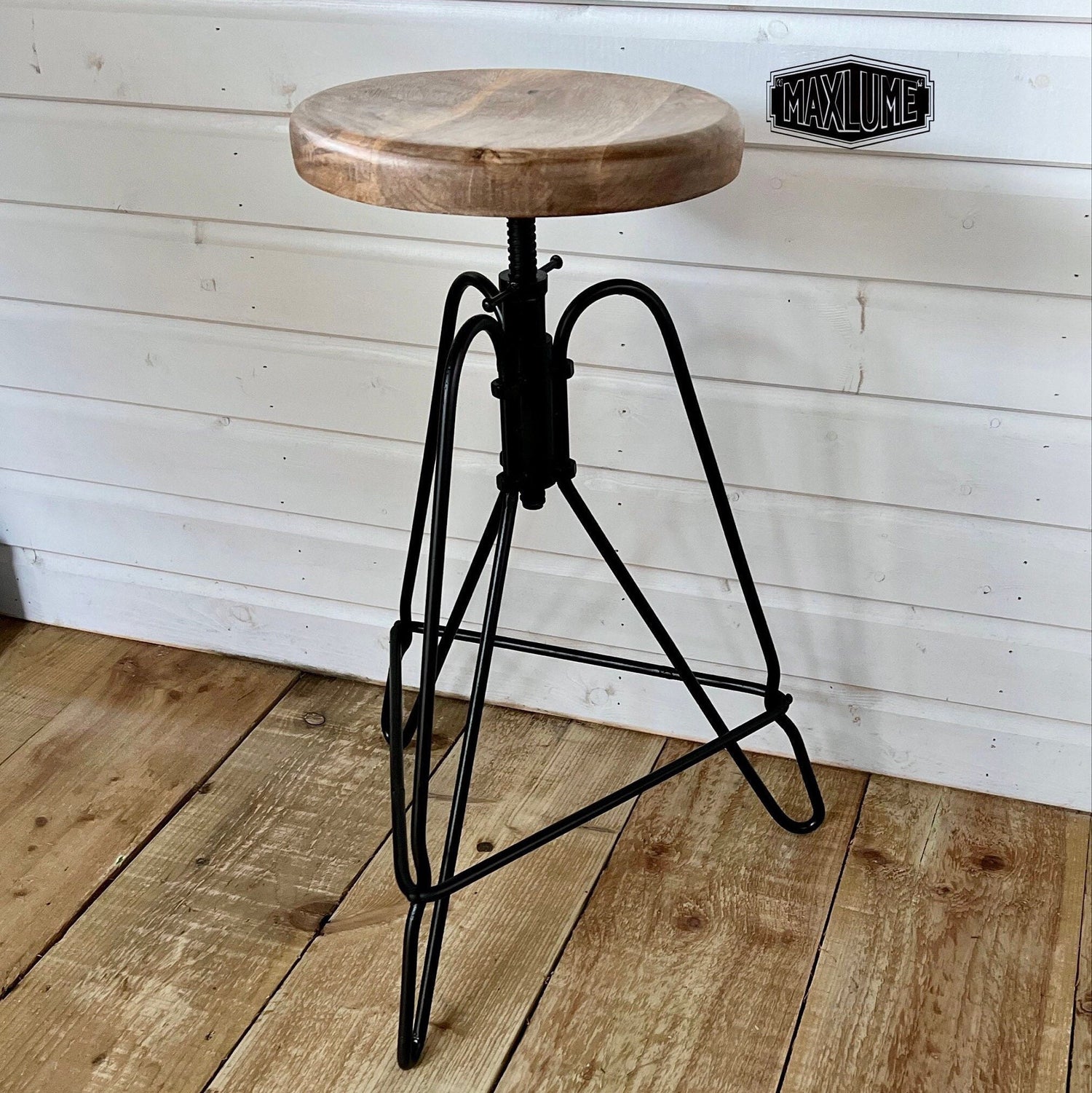 Maxlume ~ Industrial Solid Bar Stool Wood Base | Vintage Style | Solid Steel Metal | Floor Standing