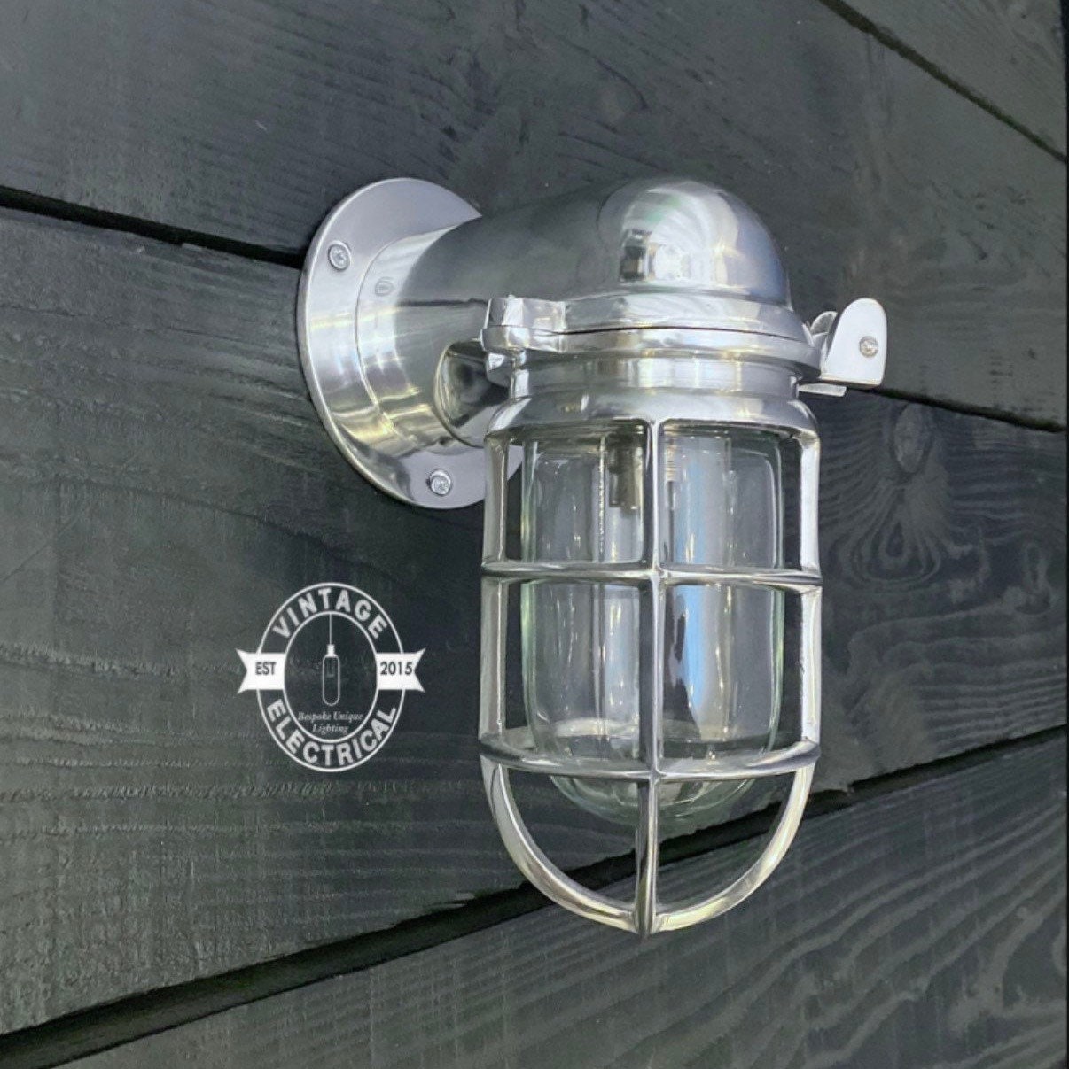 Happisburgh ~ Solid Polished Nickel Caged Bulkhead Industrial Wall Light | Bathroom | Outdoor Garden | Vintage 1 x Edison Filament Bulb