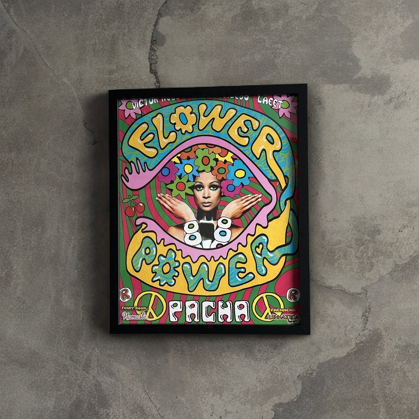 Flower Power ~ Genuine Pacha Ibiza Framed Dj Artwork | A3 Luxury Black Frame