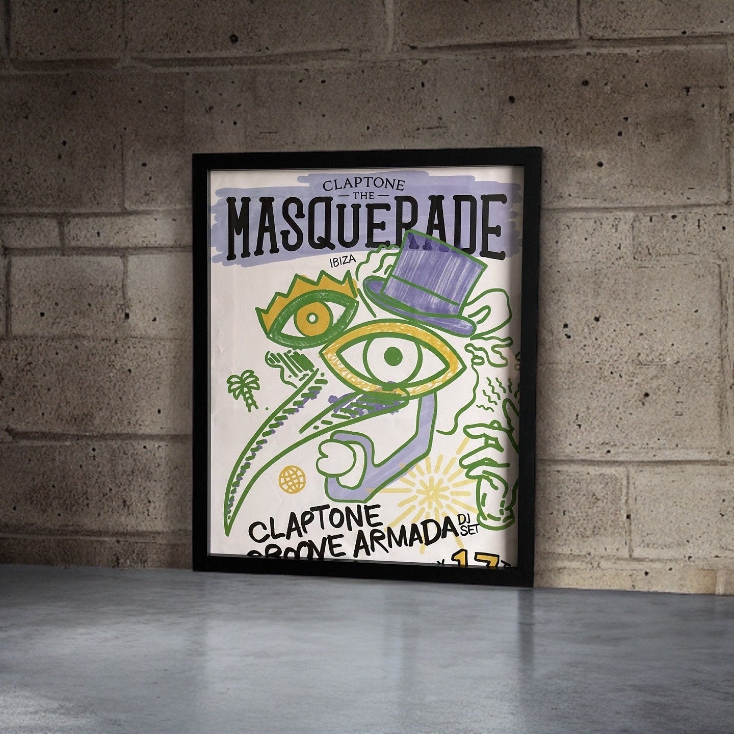 Masquerade ~ Genuine Pacha Ibiza Framed Dj Artwork | A3 Luxury Black Frame