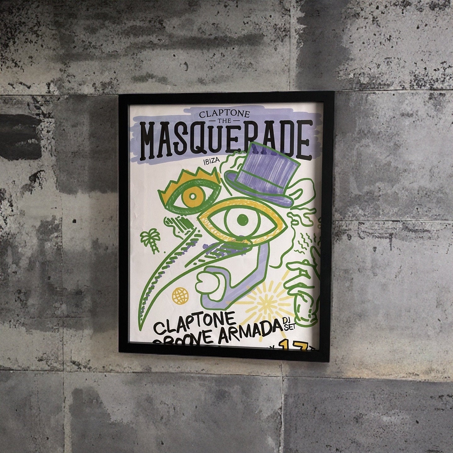 Masquerade ~ Genuine Pacha Ibiza Framed Dj Artwork | A3 Luxury Black Frame