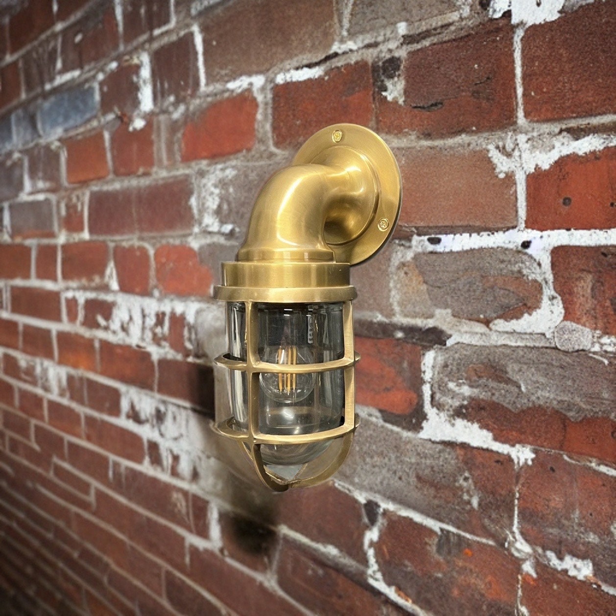 Beachamwell ~ Solid Brass Antique Finish Caged Swan Neck Bulkhead Industrial Wall Light | Bathroom | Outdoor Exterior Garden | Vintage