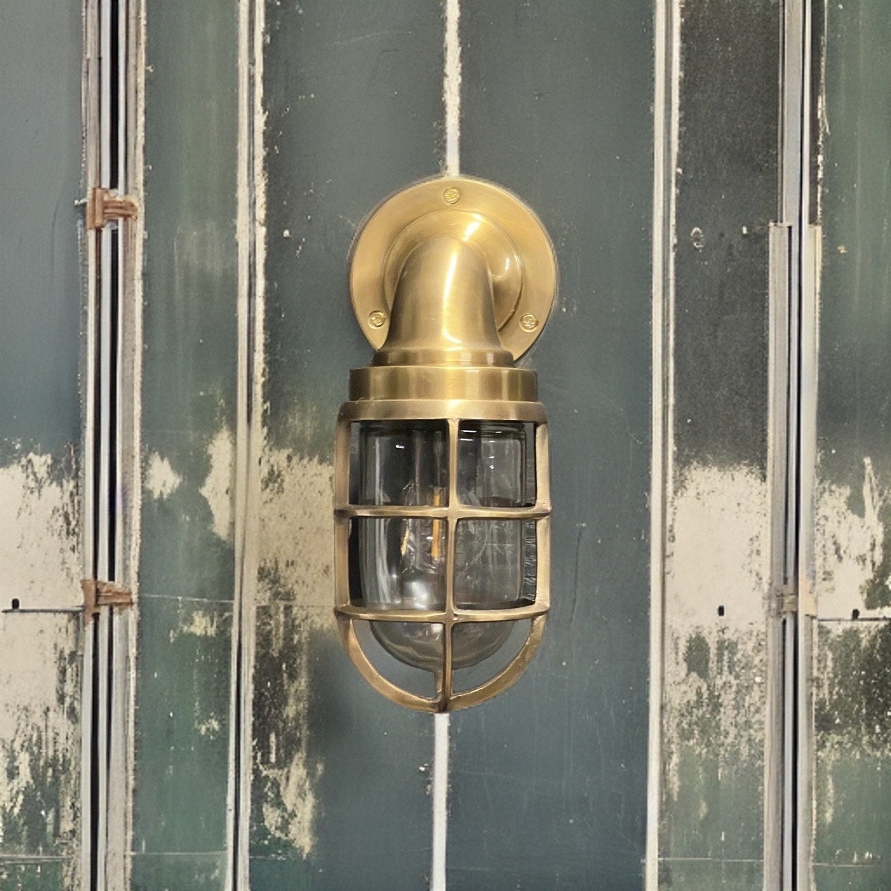 Beachamwell ~ Solid Brass Antique Finish Caged Swan Neck Bulkhead Industrial Wall Light | Bathroom | Outdoor Exterior Garden | Vintage