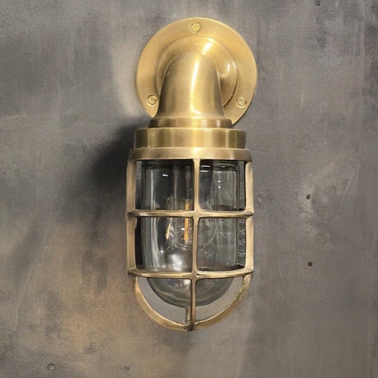 Beachamwell ~ Solid Brass Antique Finish Caged Swan Neck Bulkhead Industrial Wall Light | Bathroom | Outdoor Exterior Garden | Vintage