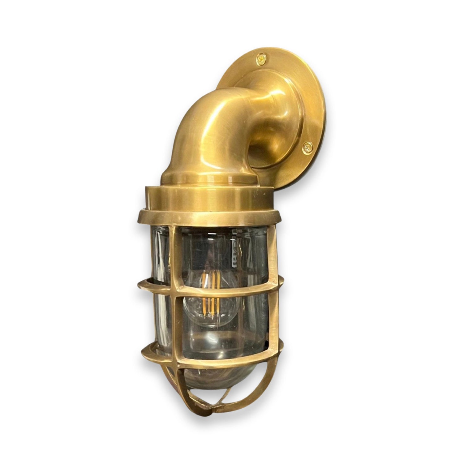 Beachamwell ~ Solid Brass Antique Finish Caged Swan Neck Bulkhead Industrial Wall Light | Bathroom | Outdoor Exterior Garden | Vintage