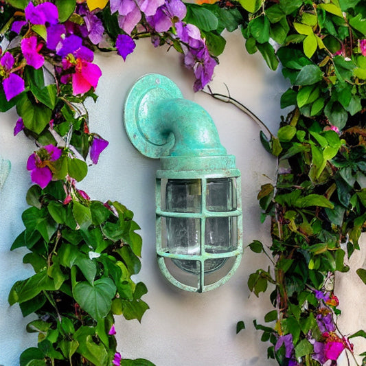 Beachamwell ~ Solid Brass Verdigris Caged Bulkhead Industrial Wall Light | Bathroom | Outdoor Garden | Vintage 1 x Edison Filament Bulb