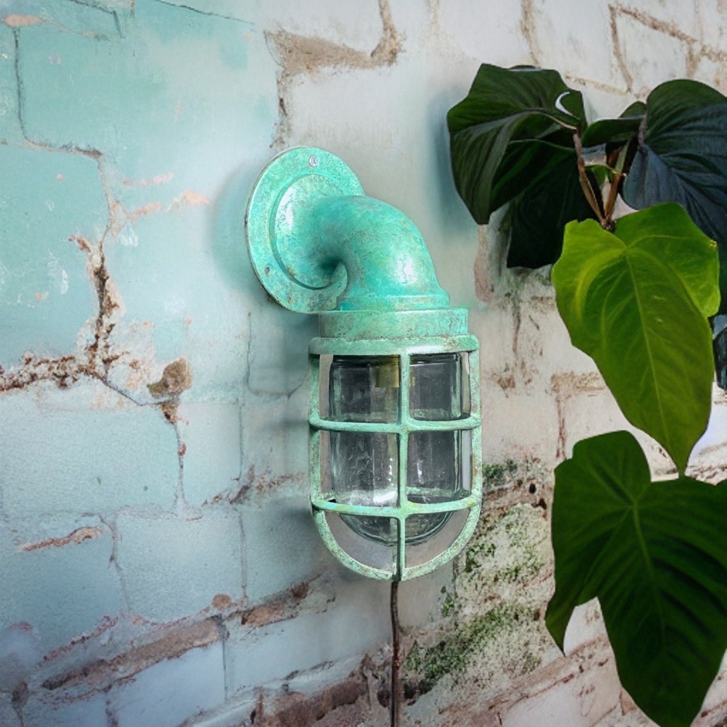 Beachamwell ~ Solid Brass Verdigris Caged Bulkhead Industrial Wall Light | Bathroom | Outdoor Garden | Vintage 1 x Edison Filament Bulb