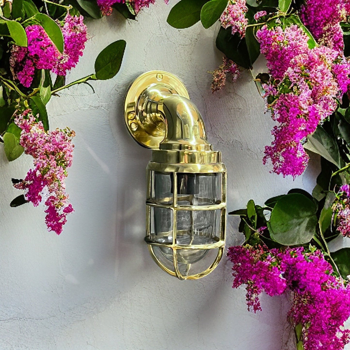 Beachamwell ~ Solid Brass Caged Swan Neck Bulkhead Industrial Wall Light | Bathroom | Outdoor Garden | Vintage