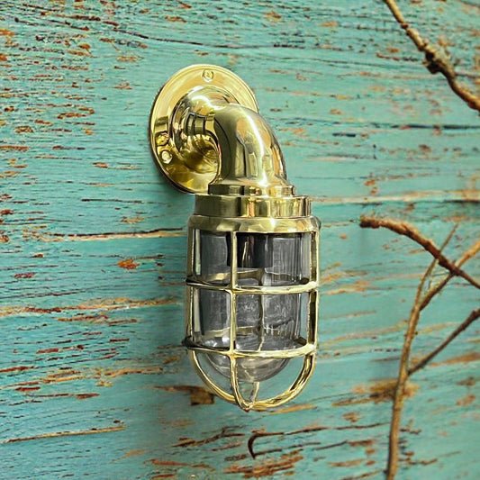 Beachamwell ~ Solid Brass Caged Swan Neck Bulkhead Industrial Wall Light | Bathroom | Outdoor Garden | Vintage