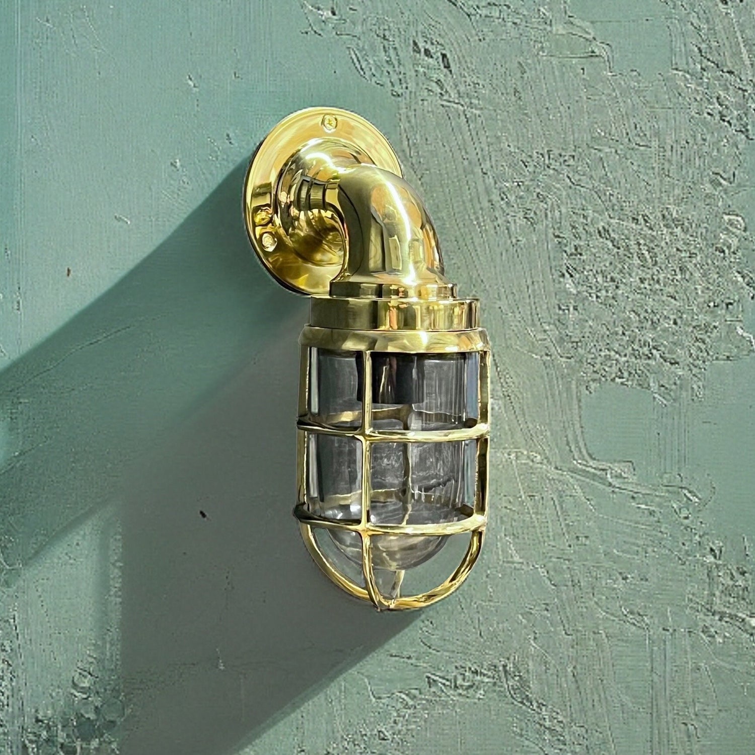 Beachamwell ~ Solid Brass Caged Swan Neck Bulkhead Industrial Wall Light | Bathroom | Outdoor Garden | Vintage