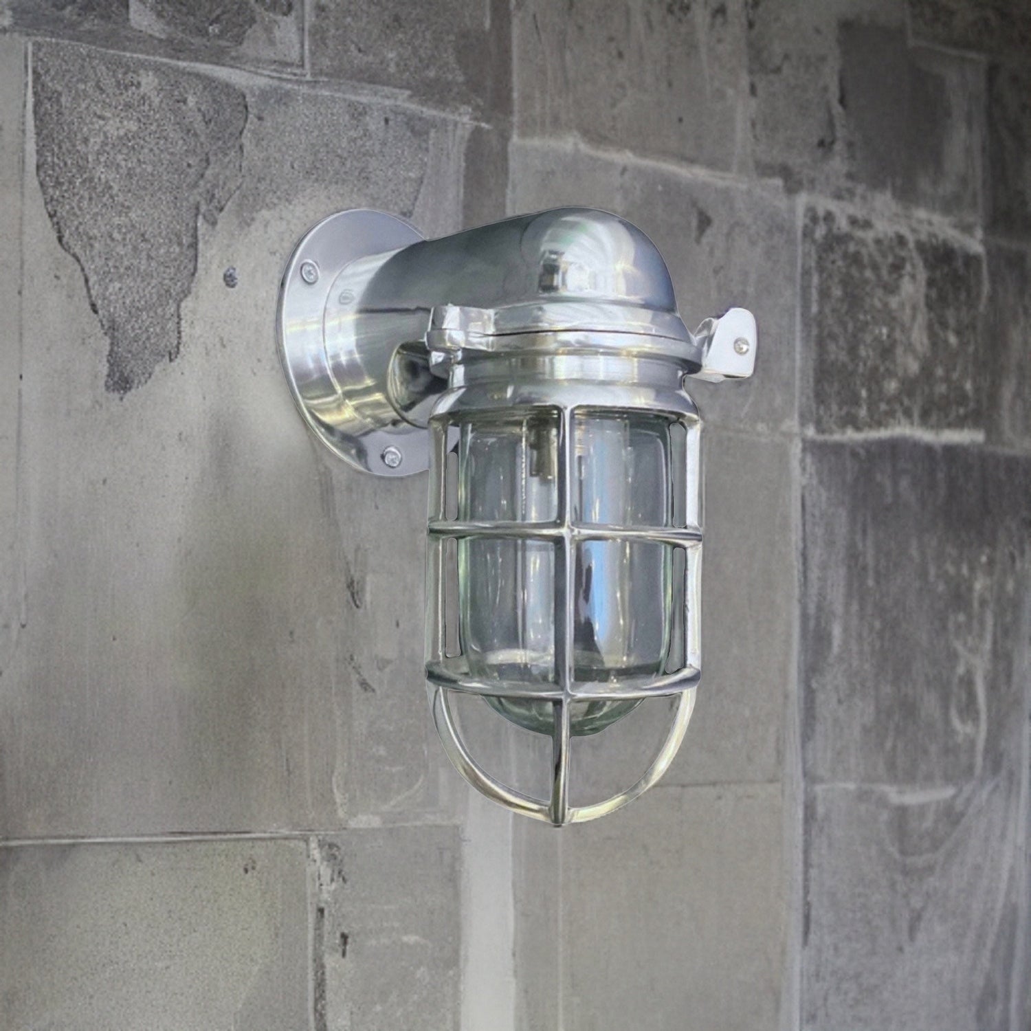 Happisburgh ~ Solid Polished Nickel Caged Bulkhead Industrial Wall Light | Bathroom | Outdoor Garden | Vintage 1 x Edison Filament Bulb