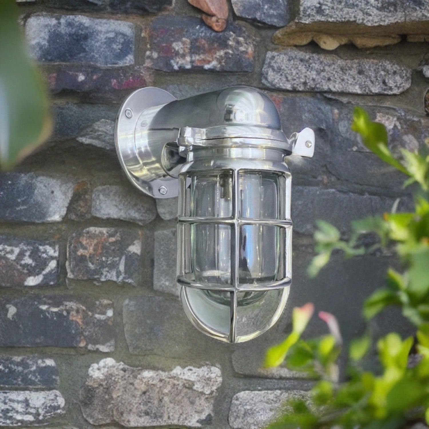 Happisburgh ~ Solid Polished Nickel Caged Bulkhead Industrial Wall Light | Bathroom | Outdoor Garden | Vintage 1 x Edison Filament Bulb