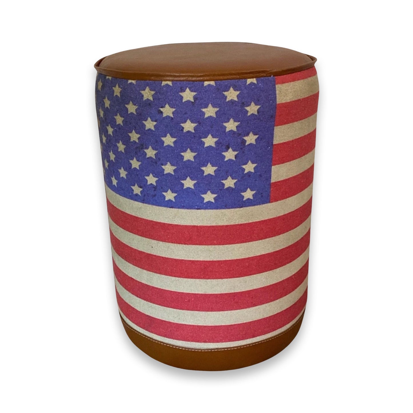 Maxlume ~ ‘Stars & Stripes’ Flag Of The United States USA Pouf Solid Base Genuine Leather | Vintage Style | Floor Standing | Man Cave Stool