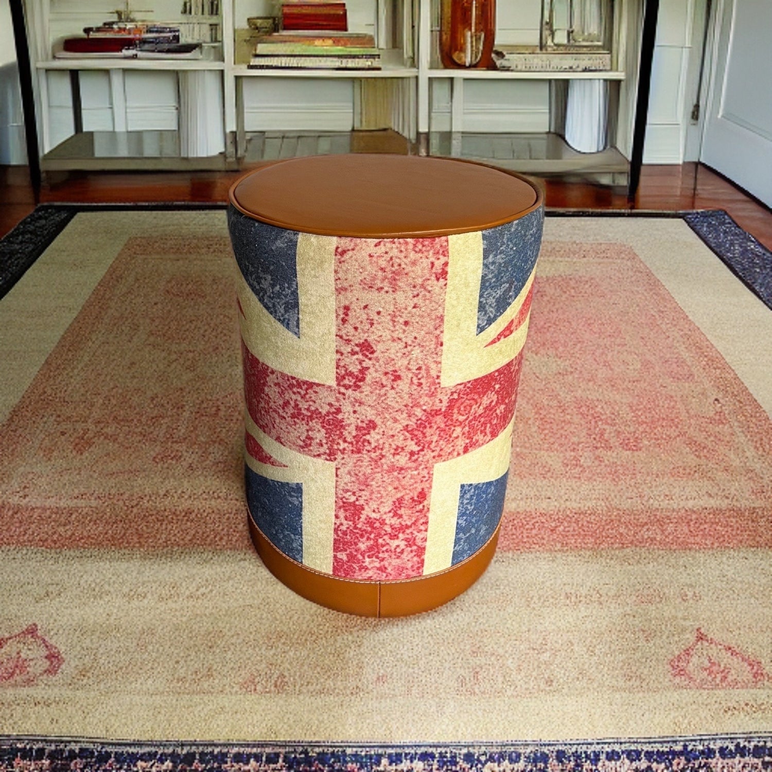 Maxlume ~ Union Jack Flag | Great Britain | Pouf Solid Base Genuine Leather | Vintage Style | Floor Standing | Man Cave Stool